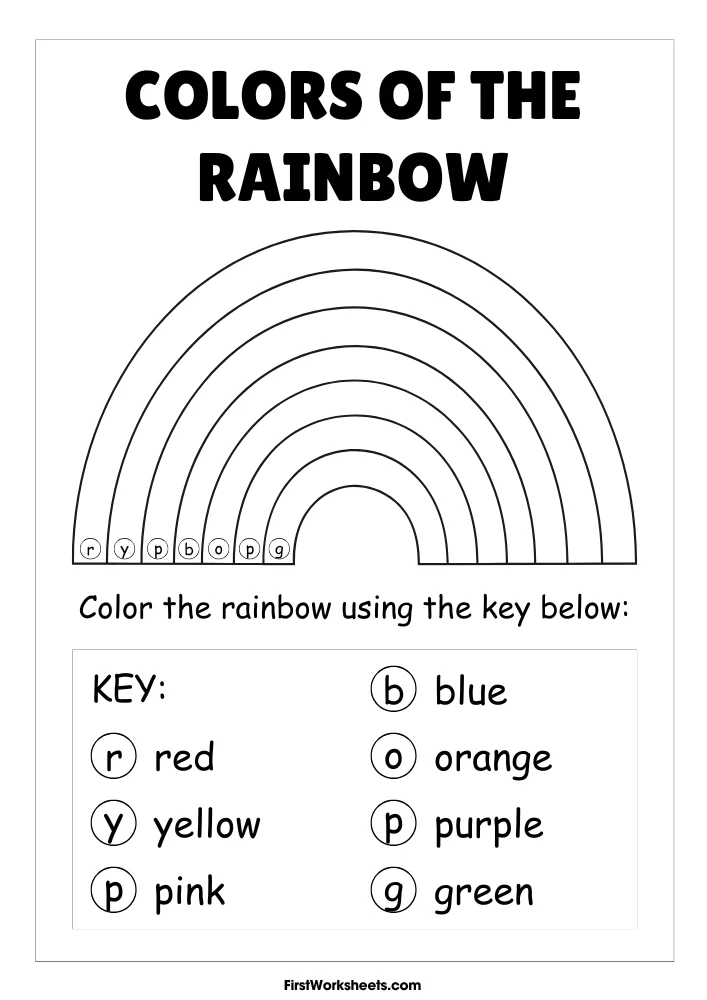 Pre-K counting worksheet featuring a rainbow with labeled colors for students to identify and color in