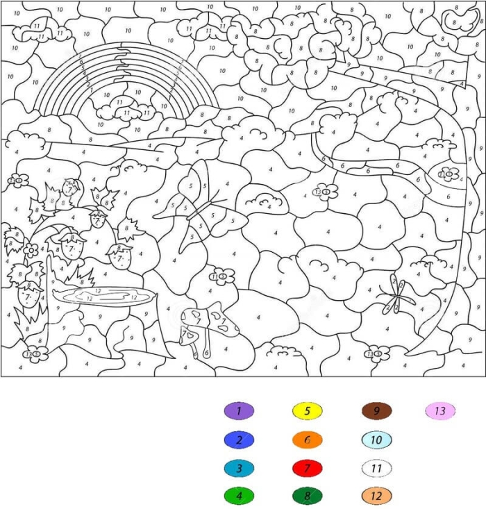 Pre-K geography worksheet featuring a color by number rainbow activity 15