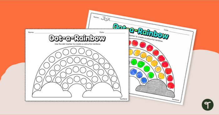 Worksheet for counting colors in a rainbow, labeled for Pre-K students. Educational activity titled "How Many Colors in a Rainbow?" for young learners.