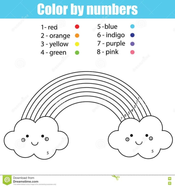Pre-K color by number rainbow worksheet for geography lessons