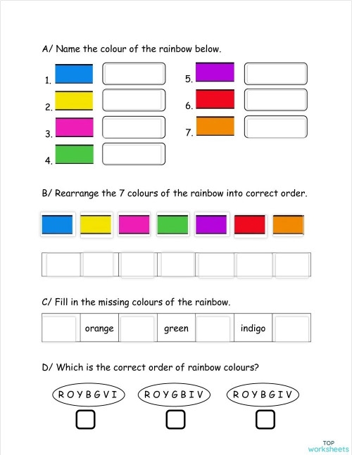 Pre-K worksheet showing a rainbow with labeled color sections for counting and coloring practice