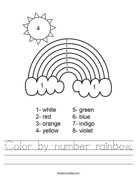 Color by number worksheet featuring a vibrant rainbow for preschoolers