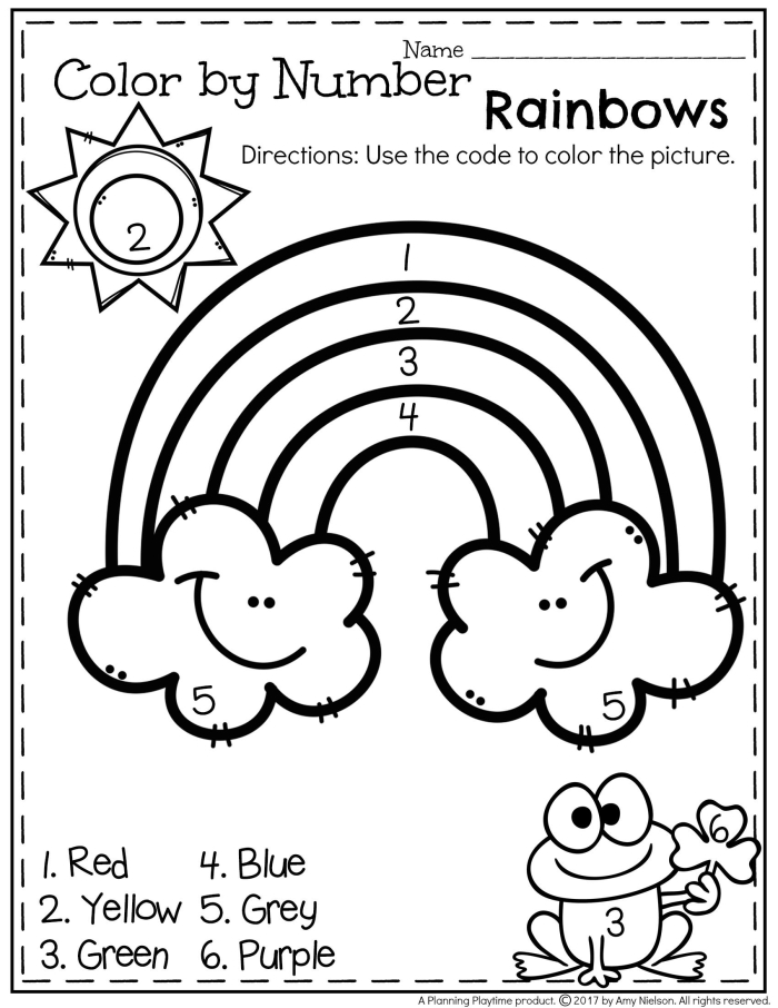 Color by Number Rainbow worksheet for Pre-K kids featuring vibrant colors and numbers