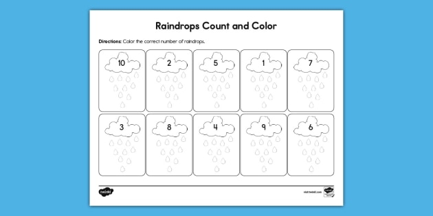 Raindrop counting worksheet for Pre-K students showing rows of raindrops to match with numbers