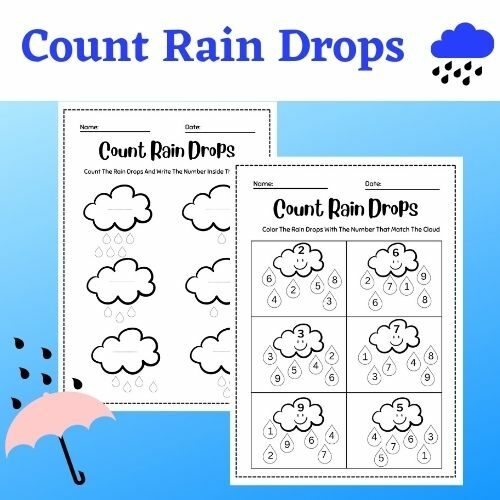 Counting Raindrops worksheet for Pre-K students featuring rows of raindrops and number matching activity