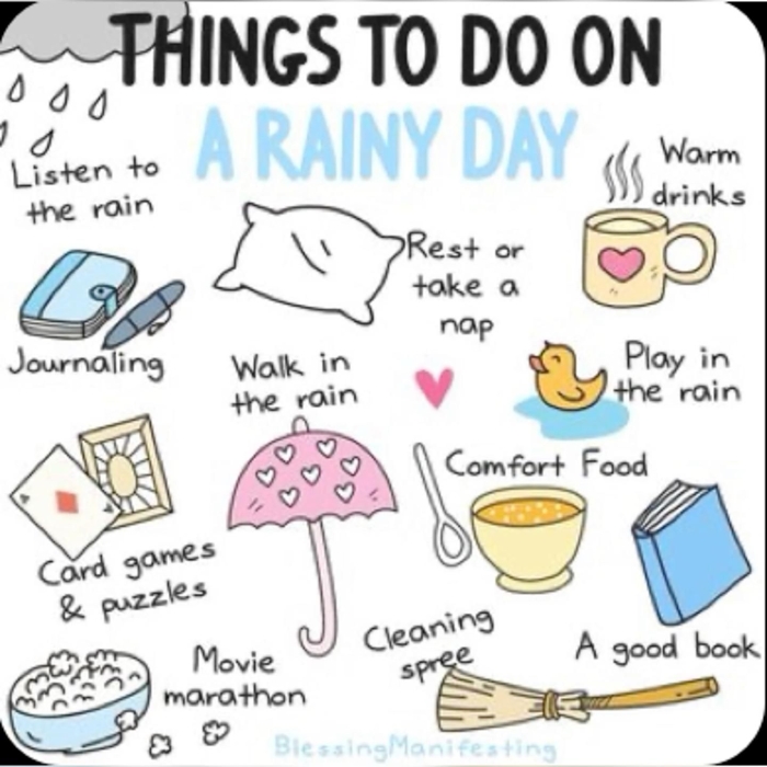 Pre-K rainy day writing prompt worksheet featuring colorful raindrops and outdoor activity icons