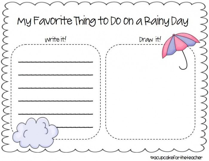 Cute and colorful worksheet for Pre-K students featuring rainy day writing prompts. Engaging writing prompt: Rainy Day worksheet for young learners.