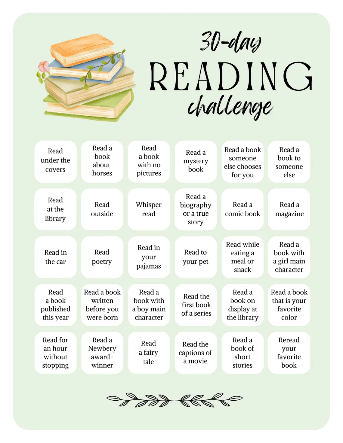 Printable worksheet for the 30-Day Reading Challenge designed for Pre-K children