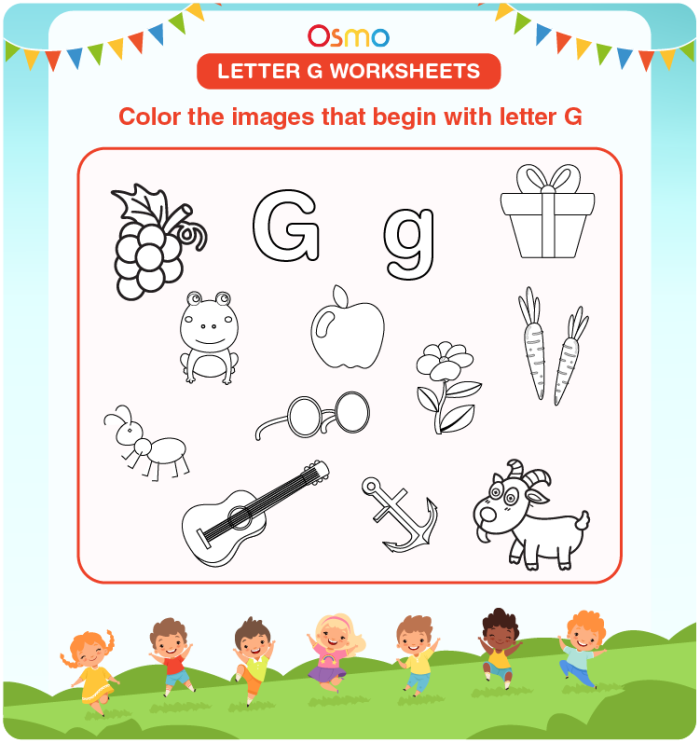 Reading worksheet for Pre-K Engaging worksheet for preschoolers focusing on the letter G, featuring fun illustrations. Get Ready for Reading: All About the Letter G for Pre-K learners.