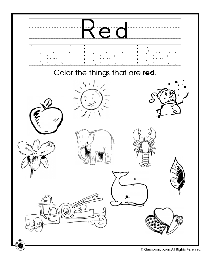The Color Red worksheet for early childhood vocabulary development 15 Pre-K student working on a color book activity featuring red objects