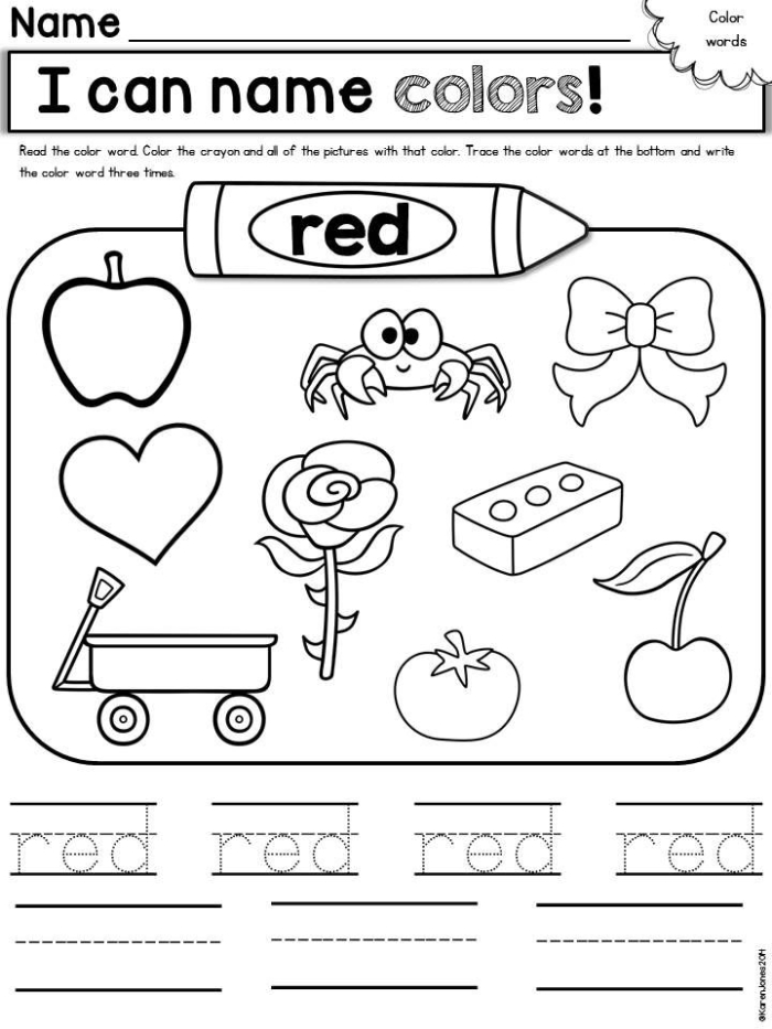 Explore the color red with this engaging worksheet for young learners A Pre-K worksheet featuring activities about the color red and apples