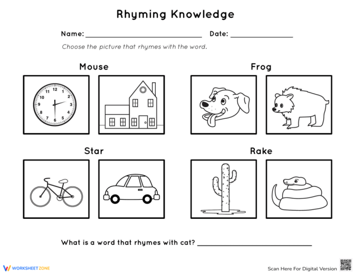 Pre-K Rhyming Skills Evaluation Worksheet 10 Rhyming Knowledge Assessment worksheet for Pre-K students to practice matching sounds