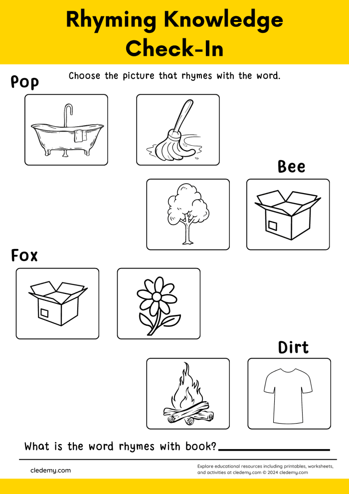 Rhyming Words Recognition Test for Kindergarten Students Pre-K rhyming knowledge assessment worksheet with picture matching and word pairing activities