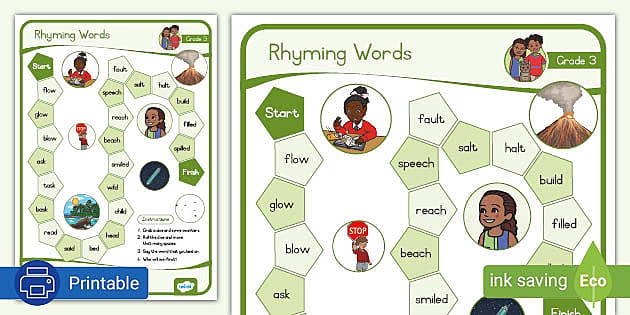 Rhyming Words Game 3 worksheet featuring a maze filled with rhyming words for Pre-K students