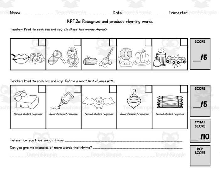 Rhyming Knowledge Assessment Worksheet 16 Pre-K student completing a rhyming knowledge assessment worksheet to identify matching word sounds