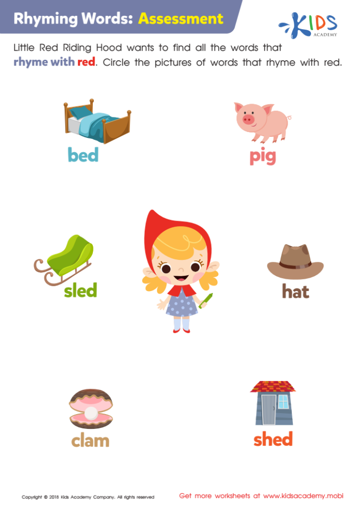 Rhyming Assessment Activity for Kindergarten Students Pre-K student completing a rhyming knowledge assessment worksheet with picture matching activities