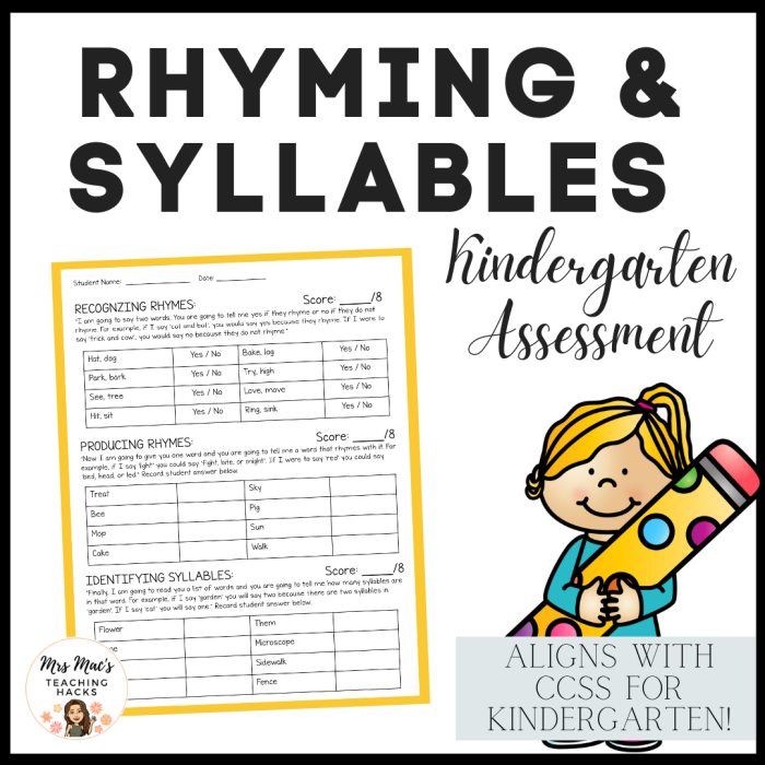 Rhyming Words Assessment Activity for Kindergarten Students Pre-K rhyming knowledge assessment worksheet with picture matching activities to identify and create rhyming words