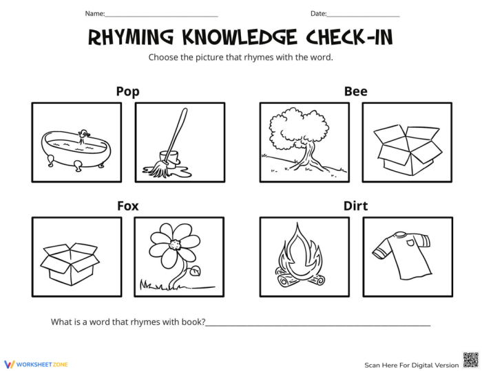 Rhyming Assessment Activity for Kindergarten Learners Image 17 Pre-K student completing a rhyming knowledge assessment worksheet with picture matching exercises