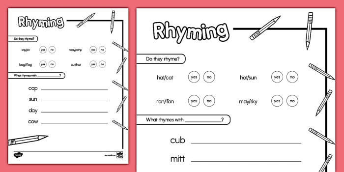Rhyming Knowledge Assessment Worksheet 21 for Preschool Students Pre-K student completing a rhyming knowledge assessment worksheet to identify matching sounds