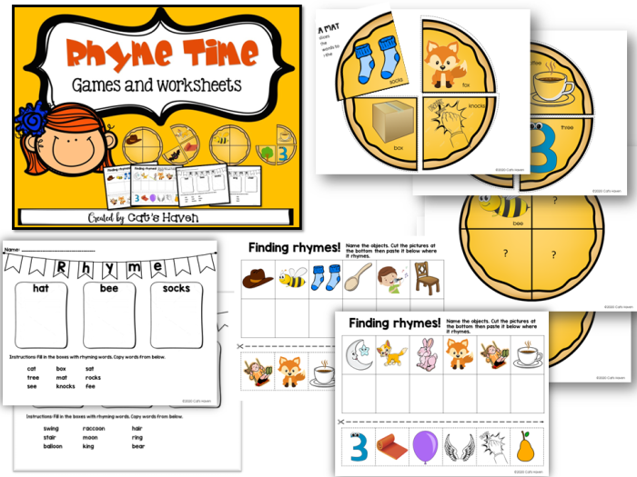 Rhyming Words Game 3 worksheet showing a maze for Pre-K children to find rhyming words