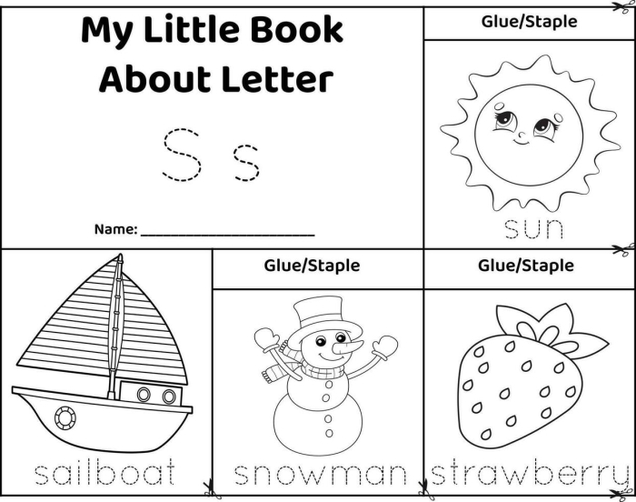 Worksheet featuring various objects that start with the letter S for phonics practice. Fun pre-reading activity for Pre-K children to identify S-beginning items.