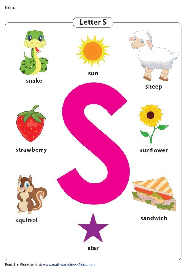 Colorful worksheet featuring objects that start with the letter S for pre-K phonics practice