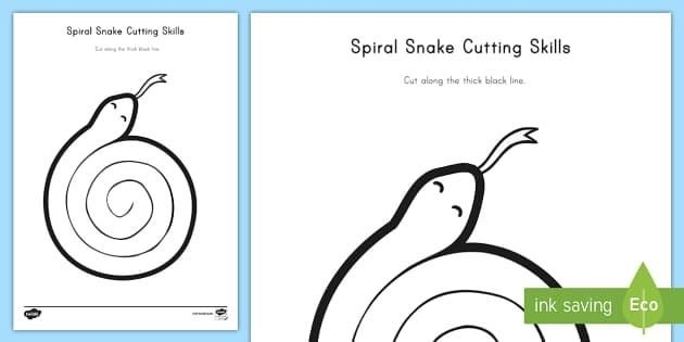 Snake Spiral Cutting Activity Sheet for Preschoolers 2 Pre-K student coloring and cutting out a snake spiral craft worksheet