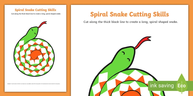 Cutting Snake Spiral Worksheet for Fine Motor Skills 18 Pre-K student working on a snake spiral cutting and coloring worksheet activity 18