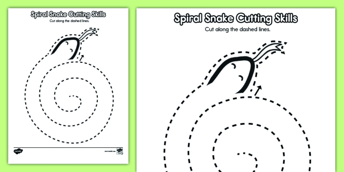 Physical Science worksheet for Pre-K Colorful spiral snake worksheet for kids to cut out and color, enhancing fine motor skills. Cutting: Snake Spiral activity for Pre-K students in physical science.