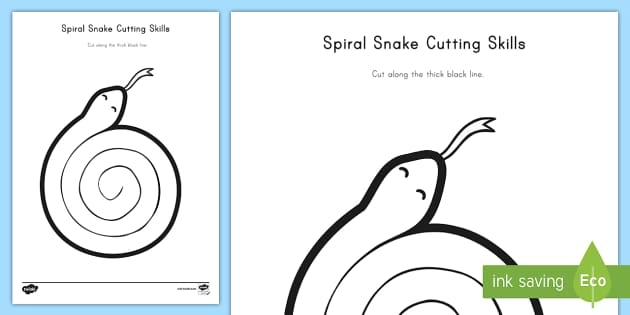 Cutting Snake Spiral Worksheet Number 8 Pre-K student coloring a snake spiral worksheet to improve fine motor scissor skills