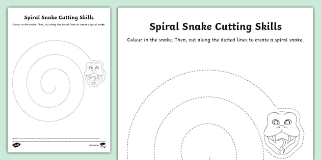 Cutting Snake Spiral Worksheet Number 14 Pre-K student coloring a snake spiral worksheet to practice scissor skills