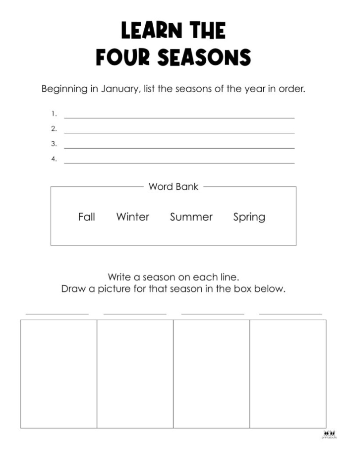 Colorful printable worksheet for Pre-K children focusing on handwriting practice related to the four seasons