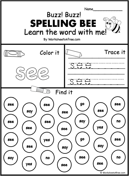 Pre-K student worksheet featuring the word see designed as a creative creature for sight word practice