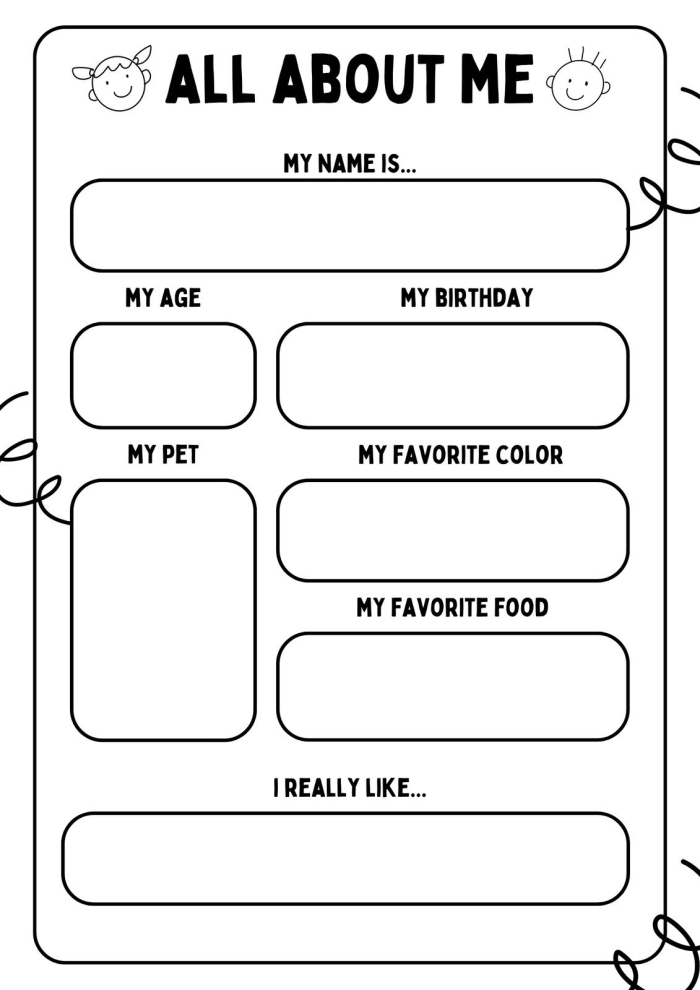 All About Me Report Worksheet for Early Writing Skills 4 Pre-K student completing an All About Me Report handwriting practice worksheet