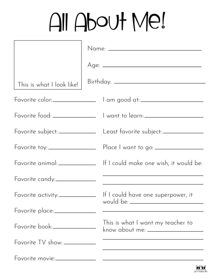 All About Me Report Writing Activity for Preschool Learners A young child completing a colorful All About Me Report worksheet with spaces to write about their favorite things and personal interests