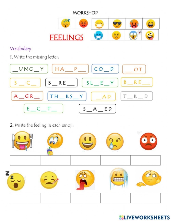 Pre-K worksheet featuring illustrations to help students identify the five senses and different human emotions