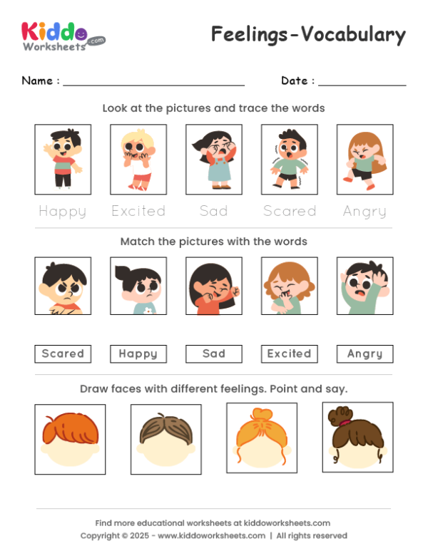 Cute worksheet for Pre-K students to practice identifying senses and feelings