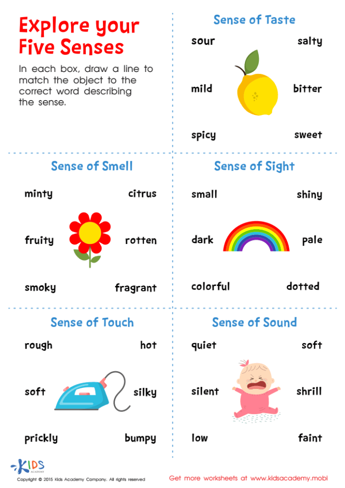 Worksheet for matching senses to images in My Five Senses Match-Up 1 for Pre-K. Engaging visual aid for teaching life science concepts to young learners.