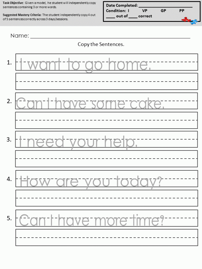 Preschooler practicing writing skills by tracing simple sentences on a worksheet