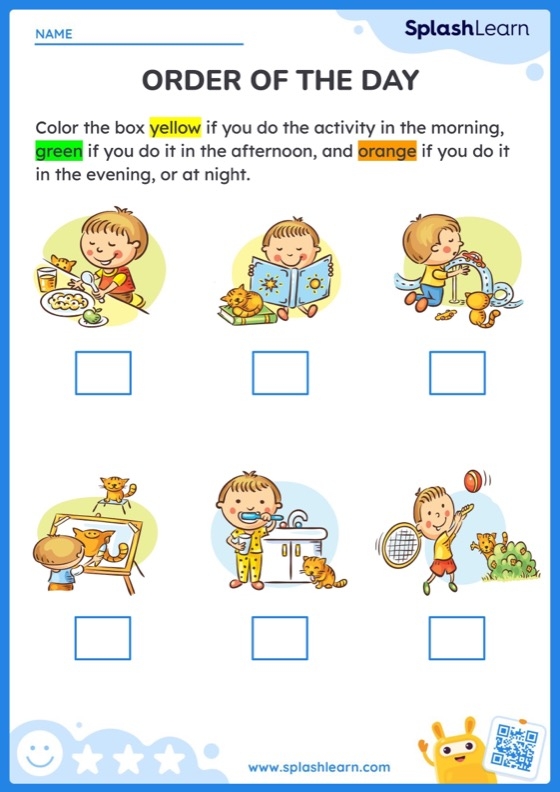 Worksheet image illustrating the concept of sequencing your day for Pre-K learners Children engaging with a cut-and-paste worksheet on daily routines for story sequencing