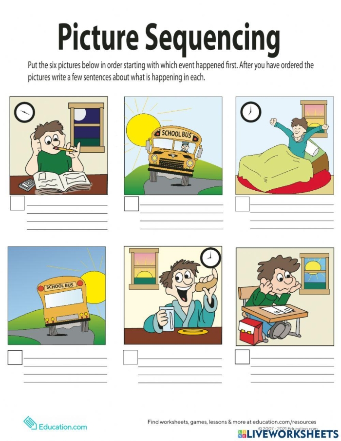 Sequencing Your Day Worksheet for Pre-K Reading Practice Image 13 Pre-K student working on a cut-and-paste sequencing your day worksheet for story reading practice