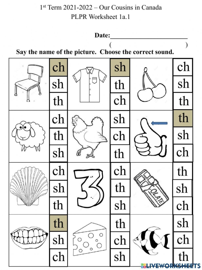 Worksheet featuring a hands-on activity for identifying words that begin with the sh sound
