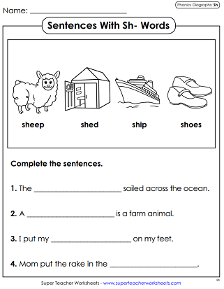 Worksheet featuring activities for identifying words that begin with the sh sound