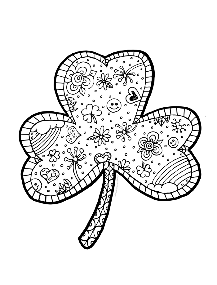 A cheerful shamrock with four leaves outlined in black ready for children to color in bright green for St. Patrick's Day fun