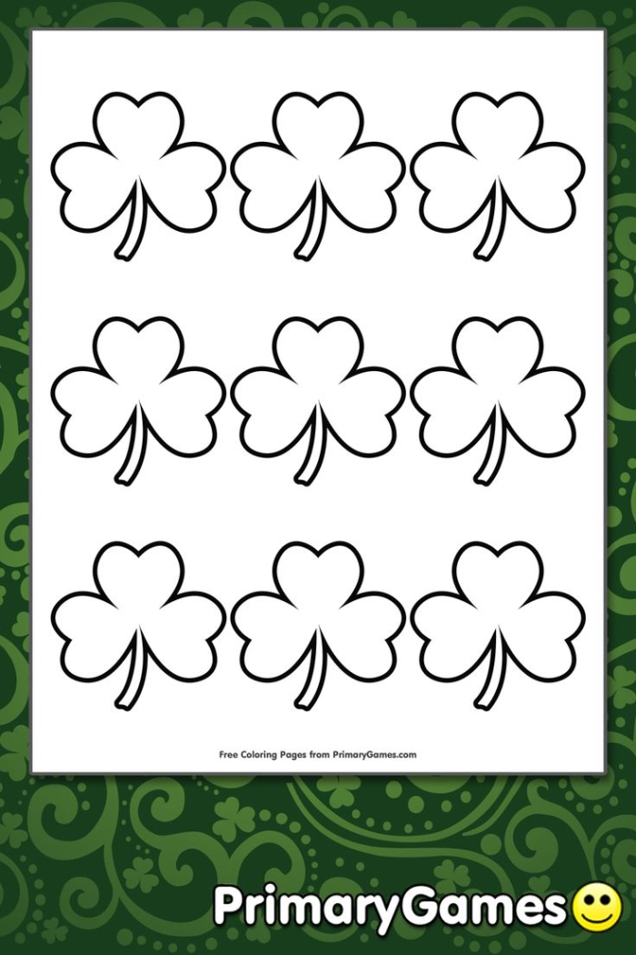 A smiling shamrock with four leaves ready to be colored green for St. Patrick's Day fun