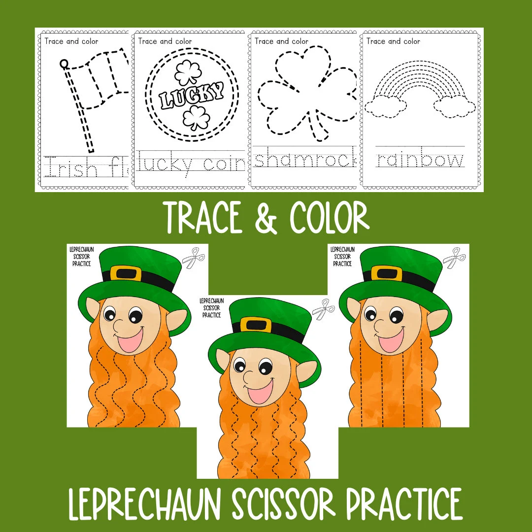 Shamrock tracing and coloring worksheet for Pre-K students celebrating St. Patrick's Day