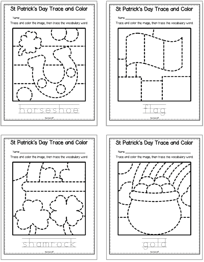 Shamrock tracing and coloring worksheet for Pre-K children celebrating St. Patrick's Day