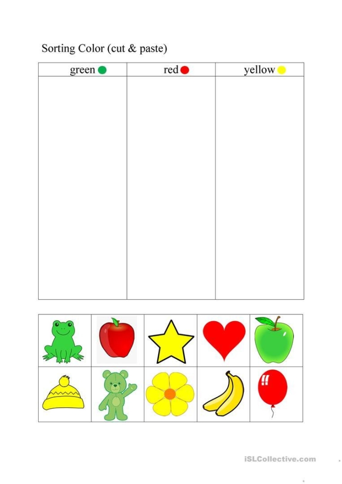 Sort It Out worksheet for early learners in number theory Sorting assessment worksheet focusing on shapes and colors for Pre-K students