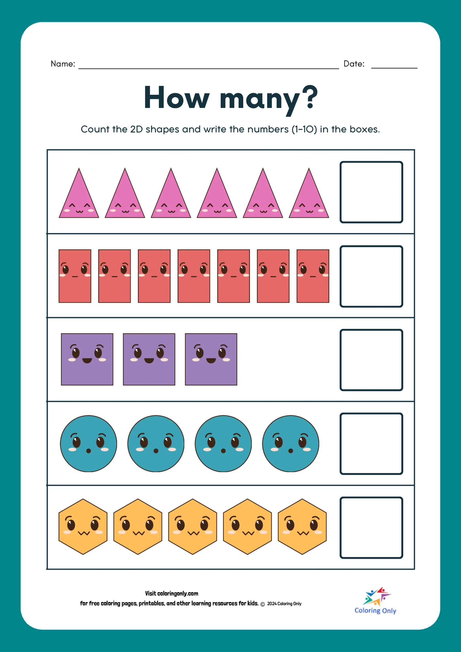 Pre-K worksheet page featuring shape and color counting exercises for early learners