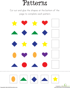 Pre-K geometry worksheet with colorful shape patterns for children to complete